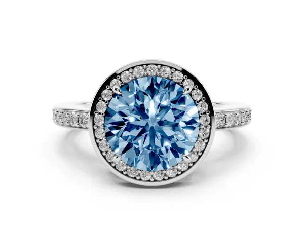 Fancy Blue Round Cut Halo Pave Band Solitaire Ring with Prong Setting White gold