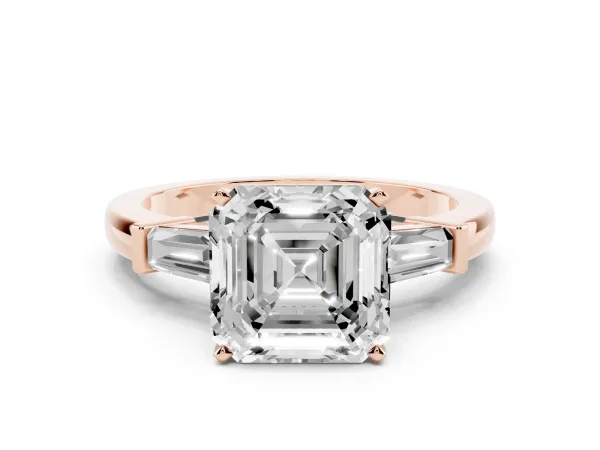 Asscher Cut Cut Diamond Solitaire Ring with Tapered Baguette Accents and Four-Prong Setting Rose gold