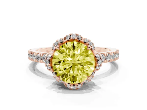 Fancy Yellow Round Cut Halo Diamond Pave Band Ring with Four-Prong Setting Rose gold
