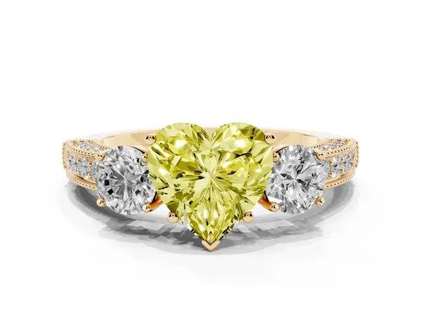Fancy Yellow Heart Cut Three-Stone Diamond Ring with Pavé Band and Four-Prong Setting Yellow gold