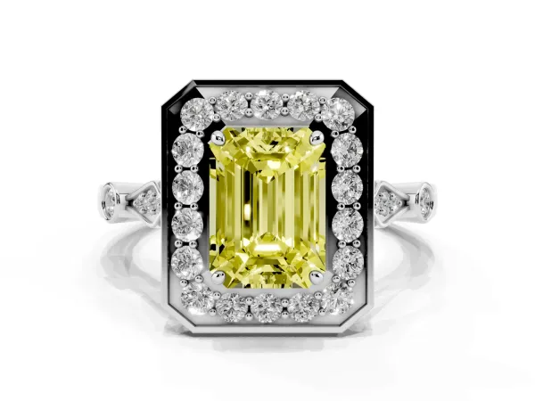 Fancy Yellow Emerald Cut Halo Diamond Engagement Ring with Twisted Band and Four-Prong Setting White gold