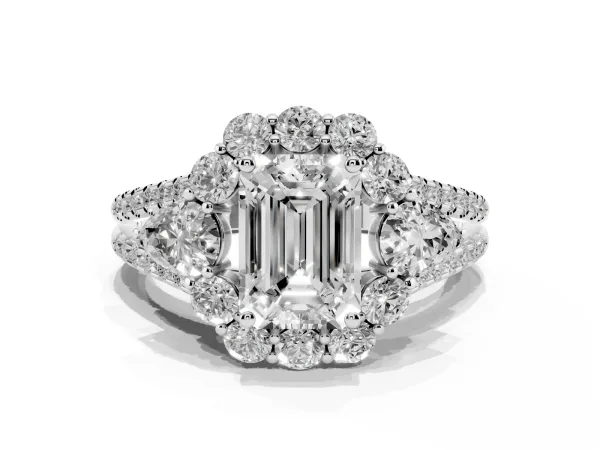 Emerald Cut Halo Split Shank Diamond Engagement Ring with Prong Setting White gold