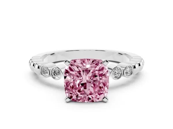 Fancy Pink Cushion Cut Solitaire Bezel Accent Diamond Engagement Ring with Beaded Band and Four-Prong Setting Platinum