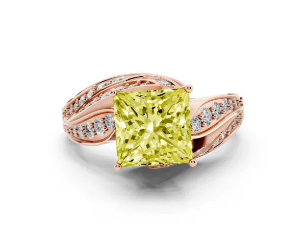 Fancy Yellow Princess Cut Diamond Solitaire Ring with Prong Setting and Twisted Pavé Band Rose gold