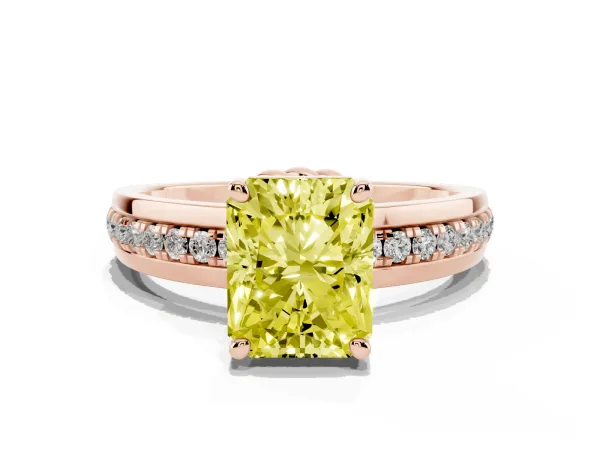 Fancy Yellow Radiant Cut Solitaire Diamond Ring with Channel Set Band and Six-Prong Setting Rose gold