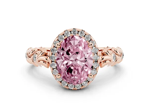 Fancy Pink Oval Cut Diamond Halo Ring with Filigree Band and Prong Setting Rose gold