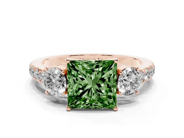 Fancy Green Princess Cut Cut Diamond Three-Stone Ring with Round Side Stones and Pavé Band Rose gold