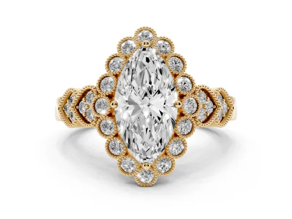 Marquise Cut Brilliant Milgrain Pave Heart Band Solitaire Ring Yellow gold