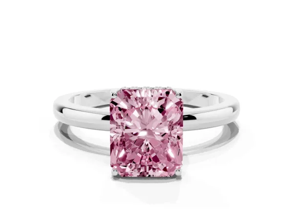 Fancy Pink Radiant Cut Solitaire Diamond Ring with Prong Setting and Plain Band White gold