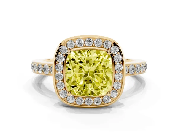 Fancy Yellow Cushion Cut Diamond Halo Ring with Bezel Frame and Pavé Band Yellow gold