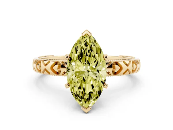 Fancy Yellow Marquise Cut Solitaire Diamond Engagement Ring with XO Engraved Band and Four-Prong Setting Yellow gold