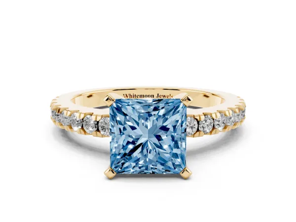 Fancy Blue Princess Cut Solitaire Diamond with Pavé Band and Four-Prong Setting Yellow gold