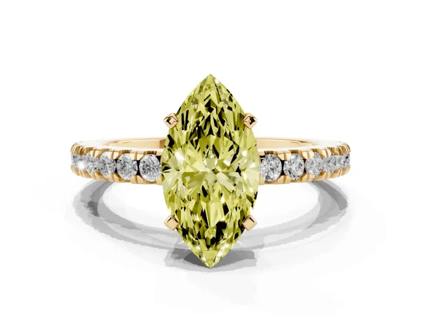 Fancy Yellow Marquise Cut Solitaire Diamond with Pavé Band and Four-Prong Setting Yellow gold
