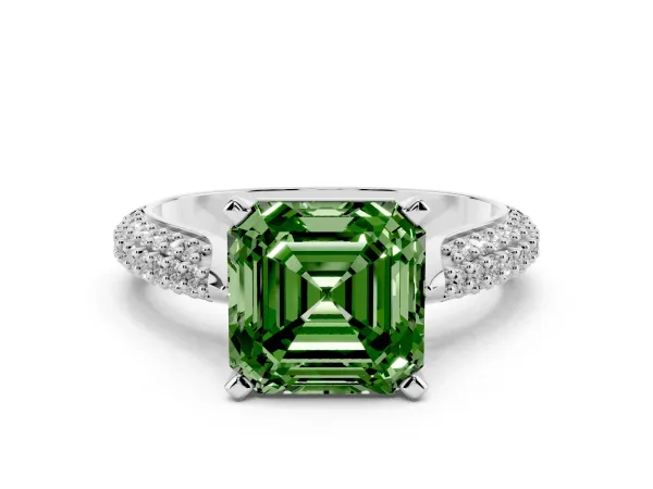 Fancy Green Asscher Cut Diamond Solitaire Engagement Ring with Multi-Row Round Pavé Band and Prong Setting Platinum