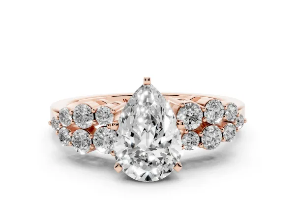 Pear Cut Cluster Diamond Engagement Ring with Pavé Band and Four-Prong Setting Rose gold