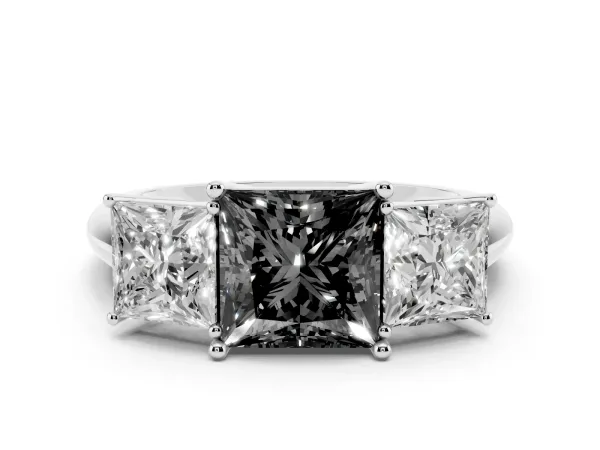 Fancy Black Three-Stone Princess Cut Cut Diamond Engagement Ring with Prong Setting on a White Gold Band White gold