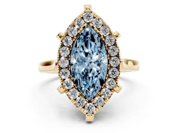 Fancy Blue Marquise Cut Diamond Cluster Halo Solitaire with Four-Prong Setting Yellow gold