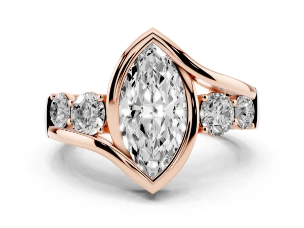 Bezel Set Marquise Cut Diamond Bypass Ring with Round Accents Rose gold