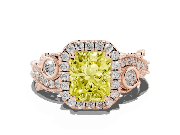 Fancy Yellow Radiant Cut Halo Diamond Ring with Milgrain and Bezel Accents on a Split Shank Band Rose gold