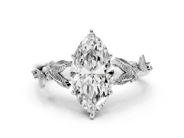 Marquise Cut Diamond Solitaire Ring with Leaf Motif Band and Four-Prong Setting White gold