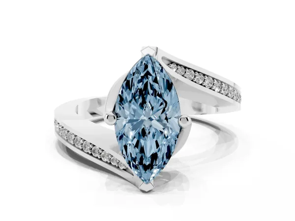 Fancy Blue Marquise Cut Solitaire Diamond Twist Band with Pavé Setting and Four-Prong Setting White gold