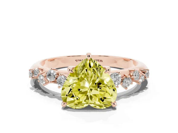 Fancy Yellow Heart Cut Diamond Cluster Side Stone Solitaire Ring with Prong Setting Rose gold