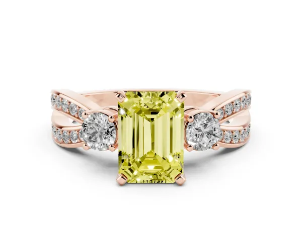 Fancy Yellow Three-Stone Emerald Cut Cut Diamond Twist Band with Prong Setting Rose gold
