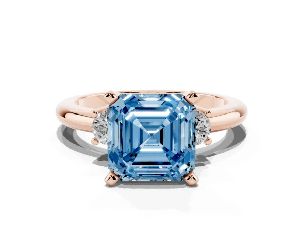 Fancy Blue Three-Stone Asscher Cut Cut Diamond Solitaire with Prong Setting and Classic Band Rose gold