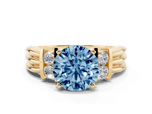 Fancy Blue Round Cut Cut Three-Stone Channel Set Ring with Bar Prongs Yellow gold