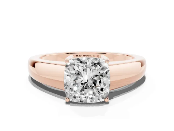 Cushion Cut Solitaire Diamond Ring with Tapered Band and Four-Prong Setting Rose gold