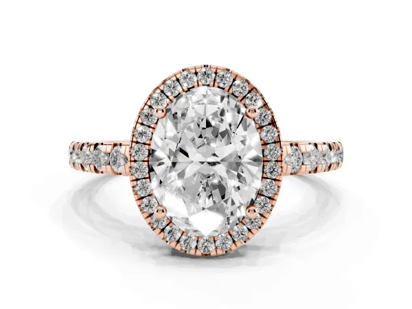 Oval Cut Diamond Halo Ring with Pavé Band and Four-Prong Setting Rose gold