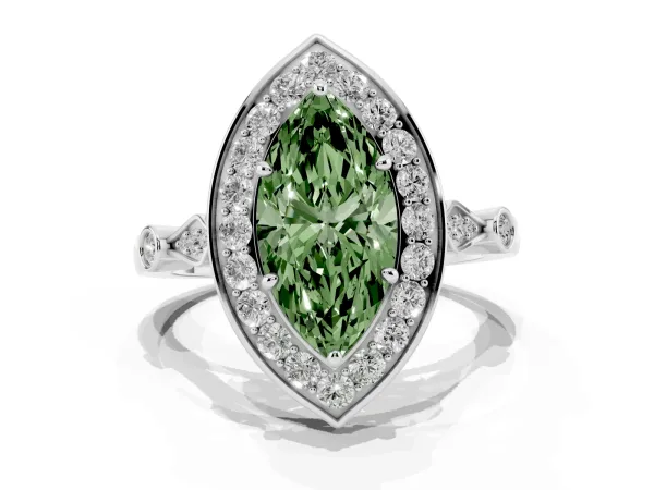 Fancy Green Marquise Cut Halo Diamond Engagement Ring with Twisted Band and Four-Prong Setting White gold