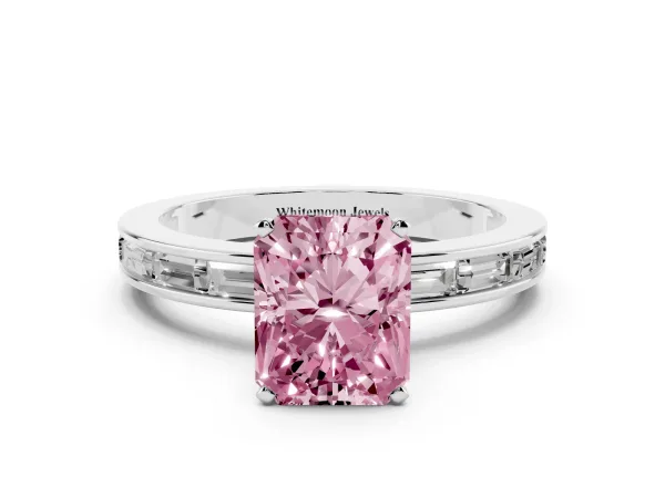 Fancy Pink Radiant Cut Solitaire Diamond Ring with Channel-Set Baguette Band and Four-Prong Setting White gold