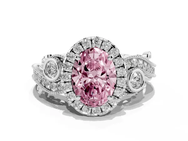Fancy Pink Oval Cut Halo Diamond Ring with Milgrain and Bezel Accents on a Split Shank Band White gold