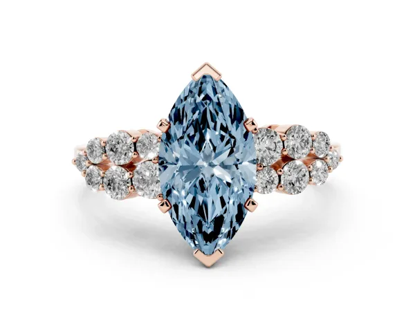 Fancy Blue Marquise Cut Cluster Diamond Engagement Ring with Pavé Band and Four-Prong Setting Rose gold