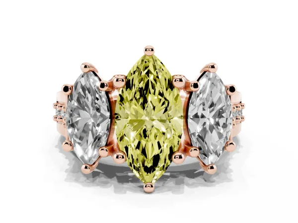 Fancy Yellow Marquise Cut Diamond Three-Stone Ring with Channel Set Band and Four-Prong Setting Rose gold