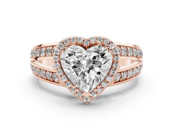 Heart Cut Diamond Halo Ring with Split Shank Pavé Band and Four-Prong Setting Rose gold