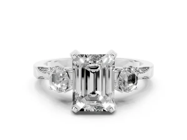 Fancy Blue Emerald Cut Brilliant Three-Stone Diamond Ring with Pavé Band and Four-Prong Setting White gold