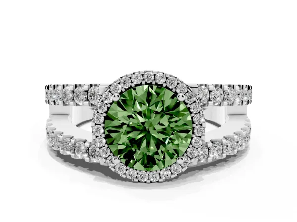 Fancy Green Round Cut Cut Halo Split Shank Diamond Ring with Four-Prong Setting White gold