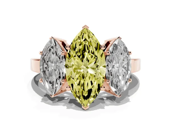 Fancy Yellow Three-Stone Marquise Cut Cut Diamond Engagement Ring with Flat Band and Four-Prong Setting Rose gold