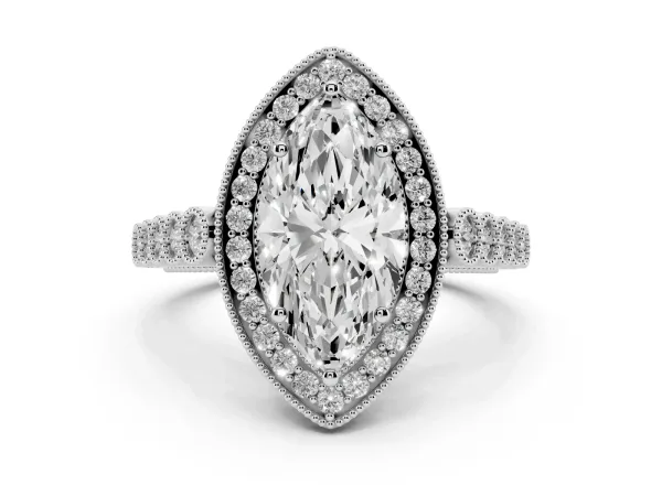 Marquise Cut Halo Milgrain Solitaire with Bezel Set Side Stones and Pave Band White gold