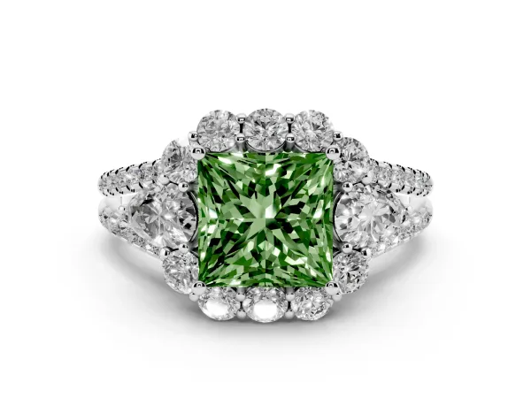Fancy Green Princess Cut Halo Split Shank Diamond Engagement Ring with Prong Setting Platinum