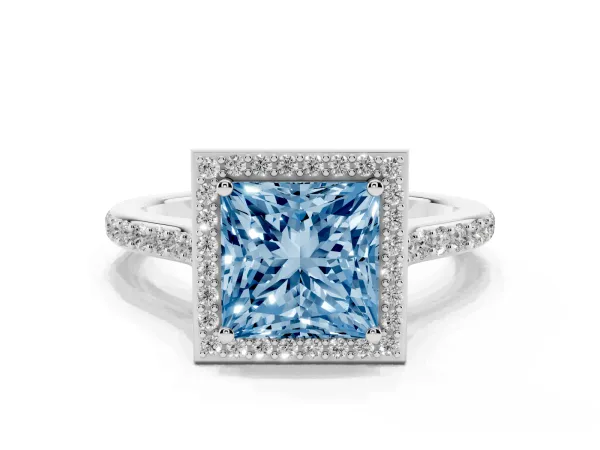 Fancy Blue Princess Cut Diamond Halo Engagement Ring with Round Pavé Shoulders and Prong Setting White gold