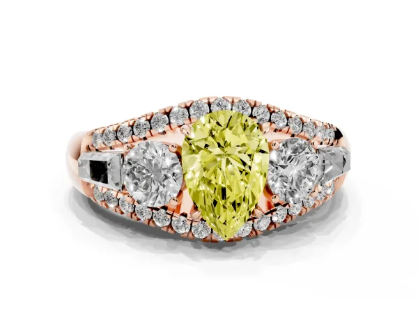 Fancy Yellow Three-Stone Pear Cut Diamond Engagement Ring with Pave Band and Prong Setting Rose gold