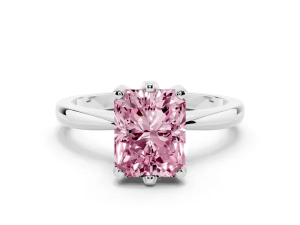 Fancy Pink Radiant Cut Solitaire Engagement Ring with Six-Prong Setting and Tapered Band Silver