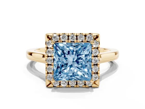 Fancy Blue Princess Cut Halo Round Diamond Solitaire Ring with Pavé Band and Four-Prong Setting Yellow gold