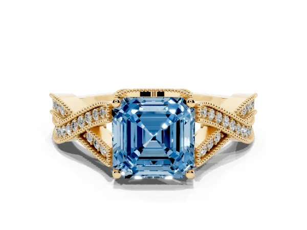 Fancy Blue Asscher Cut Cut Diamond Twisted Band with Milgrain Pave Setting and Four-Prong Setting Yellow gold
