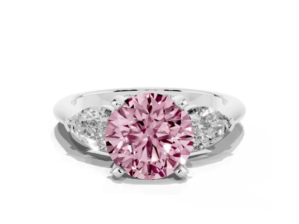 Fancy Pink Three-Stone Round Cut Diamond Ring with Pear Side Stones and Four-Prong Setting White gold