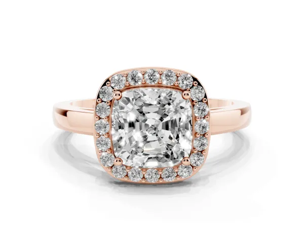Cushion Cut Halo Diamond Ring with Solitaire Band and Prong Setting Rose gold