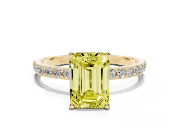 Fancy Yellow Emerald Cut Diamond Solitaire Ring with Round Pavé Shoulders and Prong Setting Yellow gold